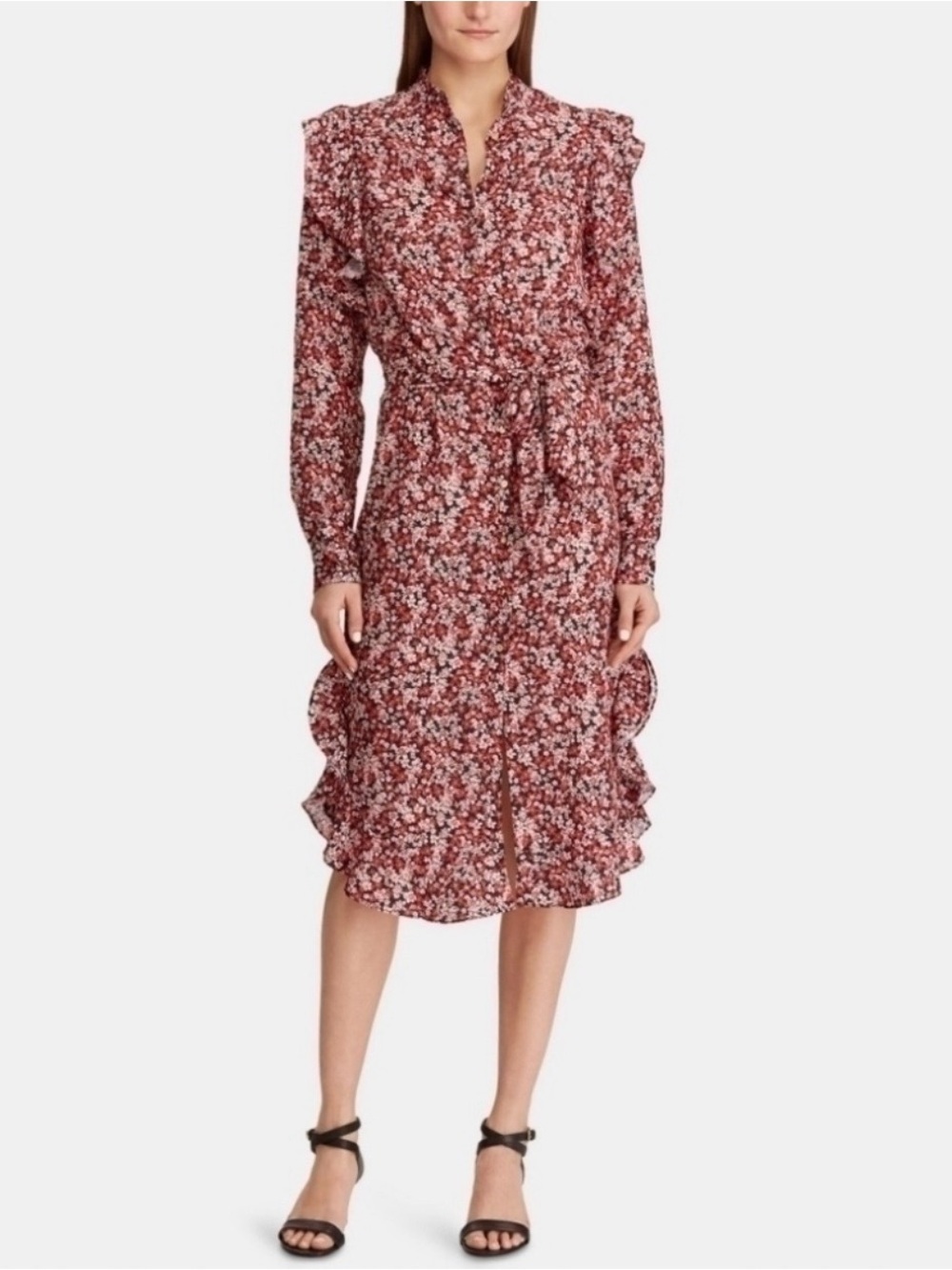 Ralph Lauren Rose-Tone Floral Ruffle Midi Dress